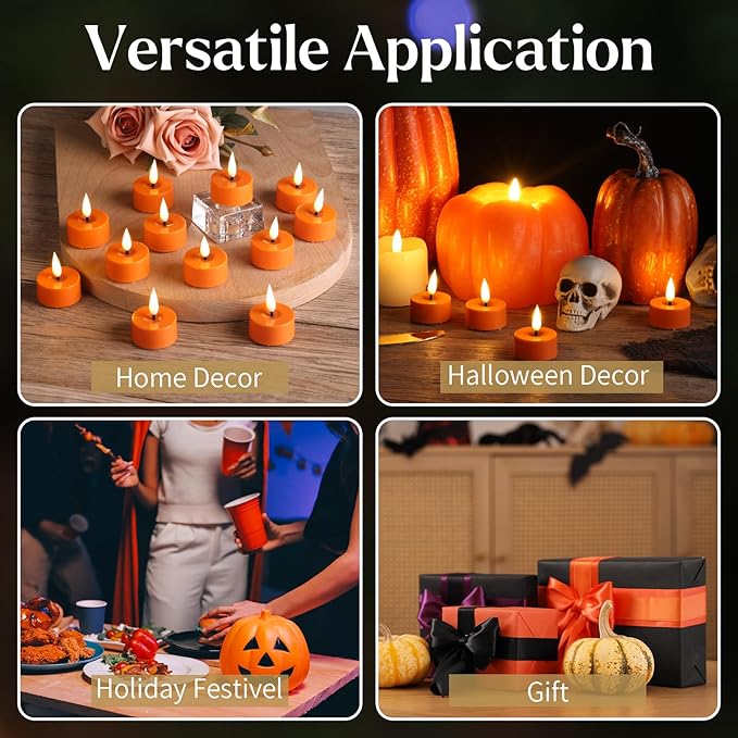 Eywamage Orange LED Tealights with Remote Batteries, Flickering Fall Halloween Flameless Tea Lights Votive Candles Set of 12