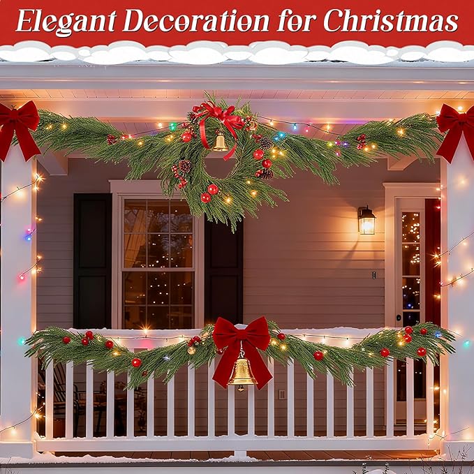 12ft Christmas Norfolk Pine Garland - Real Touch Artificial Greenery Cedar Garland for Xmas Fireplace Mantle Table Window Home Holiday Decoration