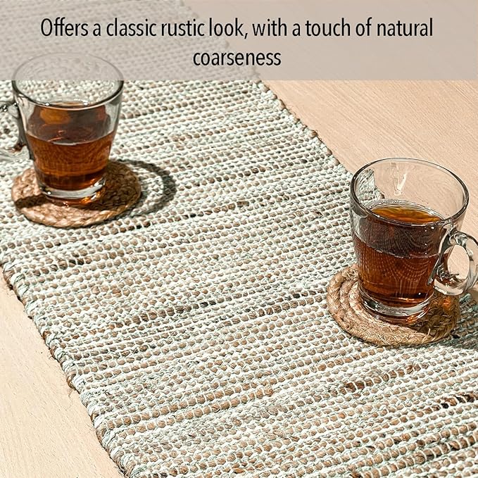 Chardin home Natural Jute Table Runner 13x48 Inch – Vintage Boho Rustic Table Decor – Handwoven Table Runner in Natural Jute and Sage Green-White – Farmhouse Dining or Console Table Accent