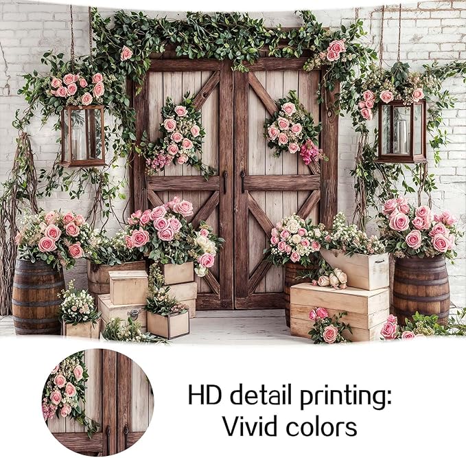 10x8ft Country Wedding Photography Backdrop Floral Rustic Roses Farmhouse Wooden Door Backdrop Pink Flower Birthday Baby Shower Wedding Bridal Party Banner Photo Booth Props Anniversary Background