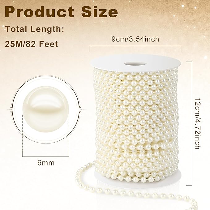 Pearl Beads Garland, 6 MM Ivory Faux String of Pearls 82FT Pearl Garland for Christmas Tree Pearls Beads Strand Spool Bead Roll for Crafts Floral Centerpieces Wedding Party Christmas Tree Decorations