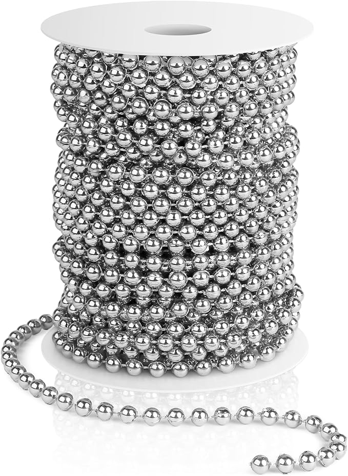 Pearl Beads Garland, 6 MM Silver Faux String of Pearls, Pearl Garland for Christmas Tree 82FT Pearl Beads Strand Spool Bead Roll for Crafts Floral Centerpieces Wedding Party Christmas Tree Decorations