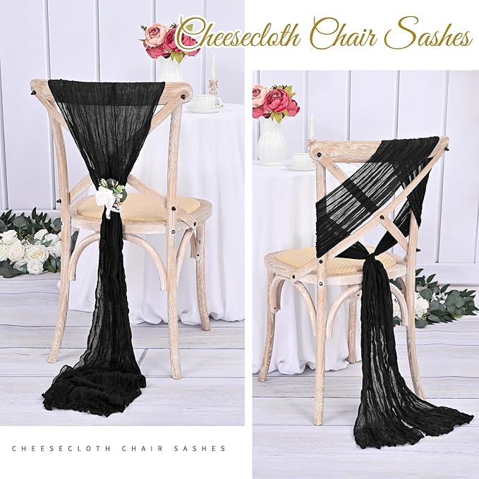 36 Pcs Black Cheesecloth Chair Sashes, 16 x 108 inch Gauze Fabric Washable Chair Sashes Bows Designed for Aisle Decorations Universal ChairCover Decor for Wedding Reception Party Banquet