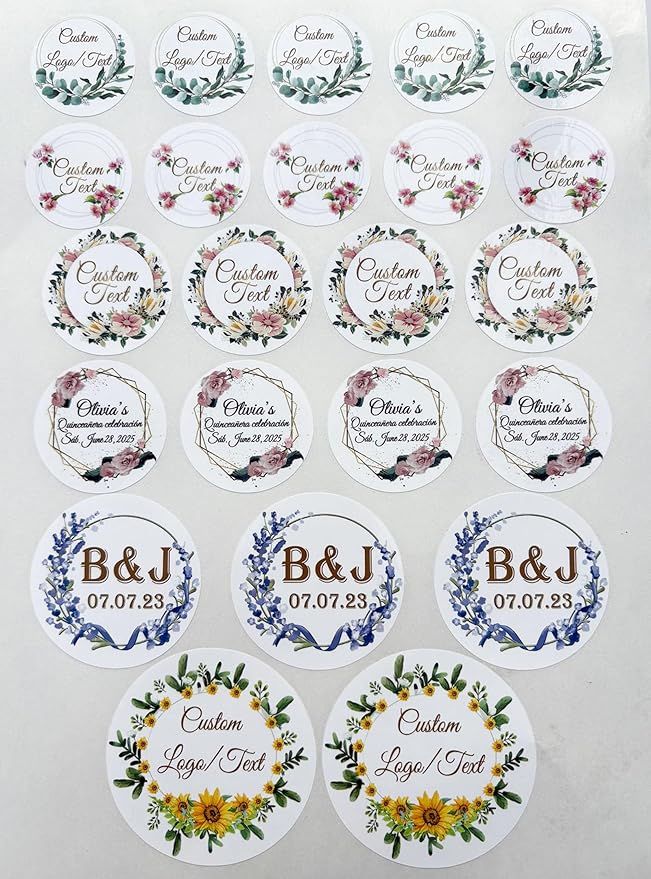 Custom Stickers for Weddings, Birthdays & Businesses - Personalized Labels with Your Logo - Waterproof, Fade and Heat Resistant - Pack of 100-1000 (Wreath Q, 4 Inch)