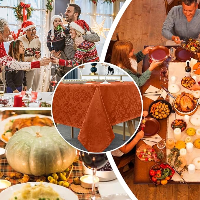 SASTYBALE Jacquard Rectangle Tablecloth, Rusty Spill-Proof Wrinkle Resistant Damask Table Cloth, Soft Polyester Oblong Table Cover for Kitchen Parties Thanksgiving - 60 x 120 Inch Rust