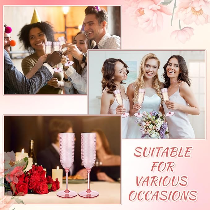 Remerry 48 Pack Detachable Plastic Champagne Flutes 5.5 oz Champagne Glasses Bulk Disposable Mimosa Glasses Reusable Wine Cups for Wedding Toasting Baby Shower Birthday Party New Years (Pink)