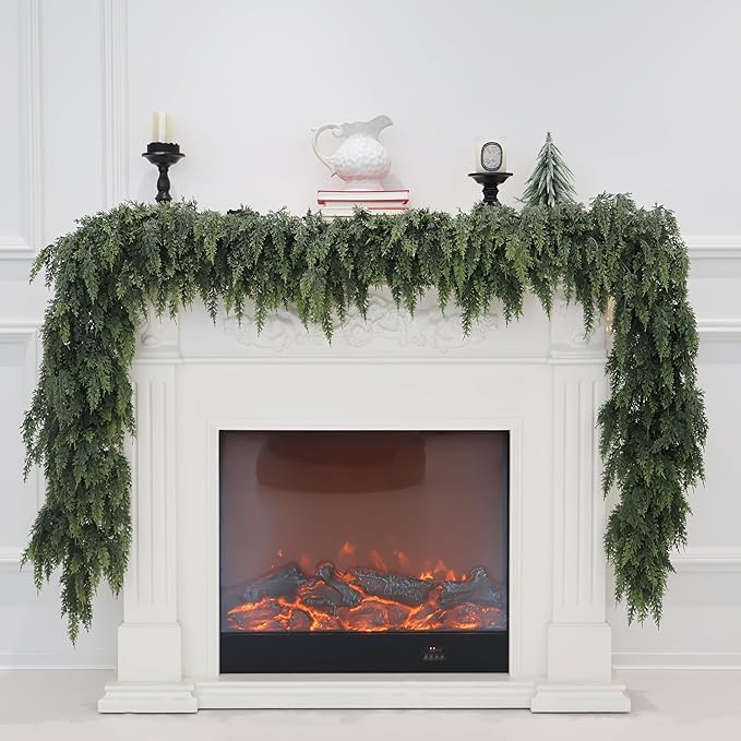15FT Christmas Cedar Garland Artificial Real Touch Thickness Realistic Greenery Pine Garland for Mantle Fireplace Outdoor Indoor Christmas Decorations