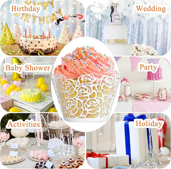GWHOLE White Cupcake Wrappers, 50pcs Cupcake Liners with Rose Design Laser Cut Liners for Wedding Birthday Baby Shower Party Decorations Fancy Small Cupcake Decorations for Regular Cupcak