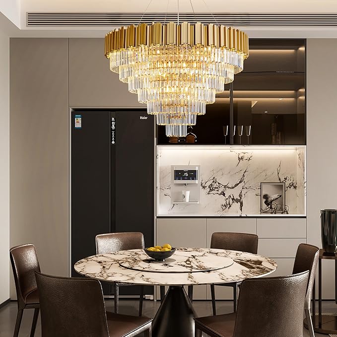 Modern Crystal Chandelier, 39" Gold Chandelier for Dining Room, 21-Light Luxury Round Chandeliers, 7-Tier Contemporary Light Fixture for Living Room, Bedroom, Foyer, Entryway, Kitchen