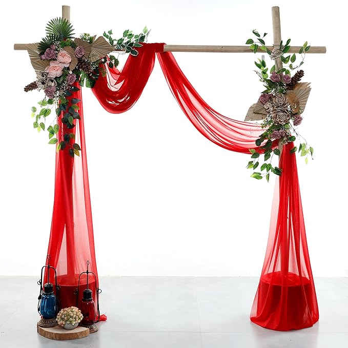 VDS Pack of 2 Panel (30 Inch X 50 Feet) Wedding Arch Draping Fabric Sheer Chiffon Fabric Drapery for Wedding Ceremony Reception Swag Backdrop Canopy Chuppah ARBO Altars Decoration (Red)
