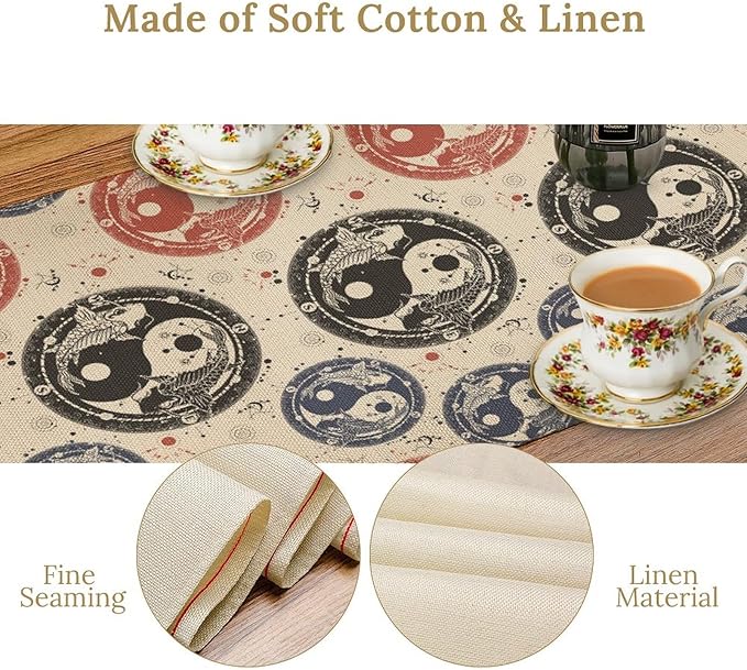 Yin Yang Table Runner, Vintage Mid Century Traditional Oriental Koi Fish Mystical Celestial Moon Stars Print Table Runner for Kitchen Dining Table Party Decor, 13x70inch