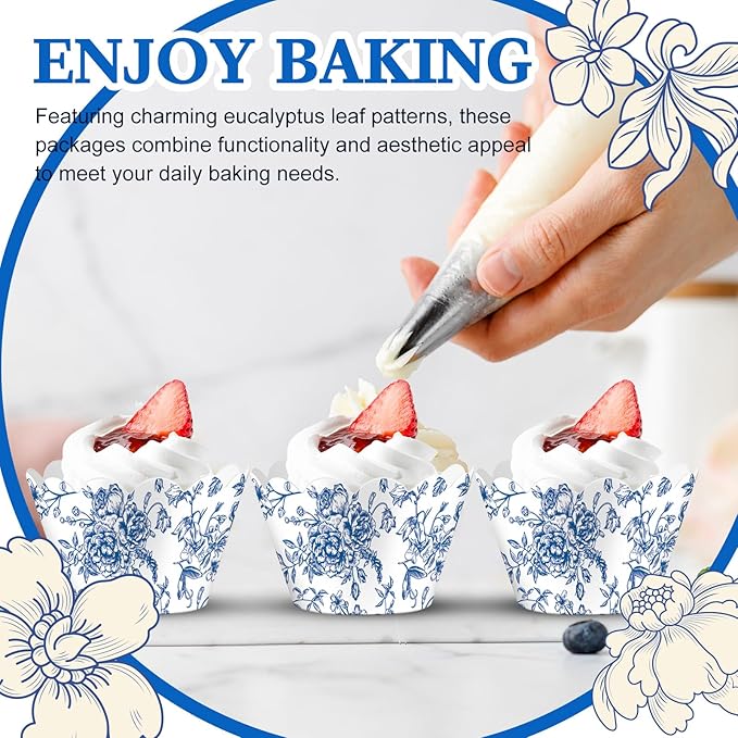 Domensi 100 Pcs Blue Floral Cupcake Wrappers Rustic Cupcake Liners Baking Cups Baking Liners for Wedding Bridal Baby Shower Birthday Party Supplies Dessert Decoration, Blue
