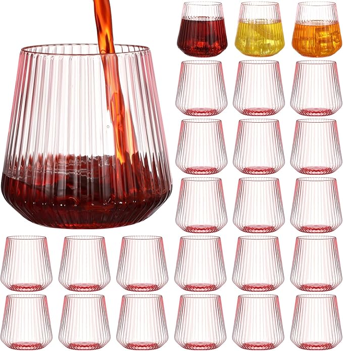 24 Pcs Pink Plastic Wine Glasses Ribbed Disposable Wine Glasses Unbreakable Stemless Champagne Whiskey Cups Ribbed Cocktail Plastic Cups for Wedding Home Office Bar (14 oz,Origami)