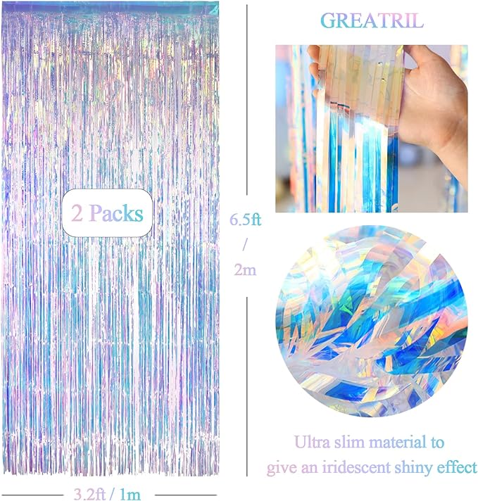 Iridescent Party Streamers Backdrop - GREATRIL Neon Transparent Holographic Tinsel Foil Fringe Curtain for Mermaid/Frozen/Sea/Euphoria/ERAS Party Theme Decorations 3.2ft x 6.5ft 2 PCS