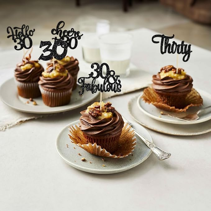 30Pcs Happy 30th Birthday Cupcake Toppers Black Glitter Thirty Cheers to 30 Birthday Cupcake Picks for Happy 30th Birthday Anniversary Party Cake Decorations Supplies