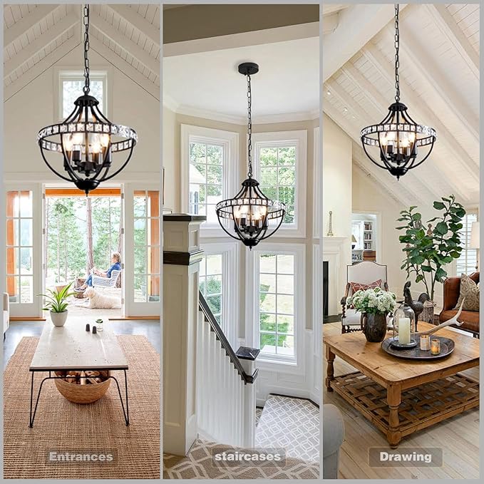 Crystal Chandelier Light Fixtures, 4-Lights Farmhouse Rustic Vintage Black Pendant Hanging Lighting Ceiling Chandeliers for Kitchen Island Dining Room Living Room Bedroom Foyer Hallway