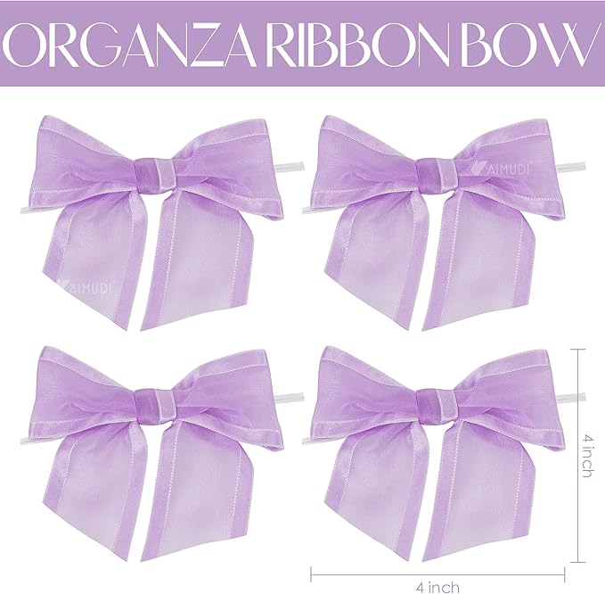 AIMUDI Purple Bows for Crafts 4" Lavender Bows with Twist Ties Premade Lilac Bows Pre Tied Organza Bows for Treat Bags, Easter's Day, Cake Pop,Gift Wrapping,Baby Shower,Wedding Favor -12 Counts