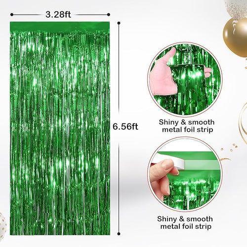 2 Pack Green Metallic Tinsel Foil Fringe Curtains, Door Streamers Photo Booth Backdrop for Birthday Party, Tinsel Curtain Backdrop for Baby Shower Bachelorette Christmas Party Decorations