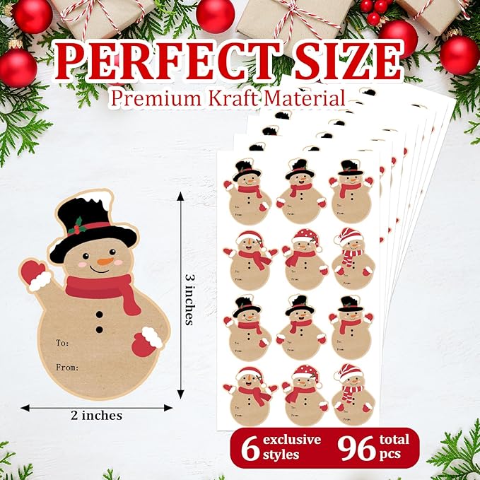 Christmas Gift Tags Stickers, 96Pcs Christmas Gift Labels Stickers, Self-Adhesive Christmas Name Tags for Xmas Gifts Wrap Presents Boxes Decoration, 2 x 3 Inch, Natural Kraft Paper Snowman Stickers