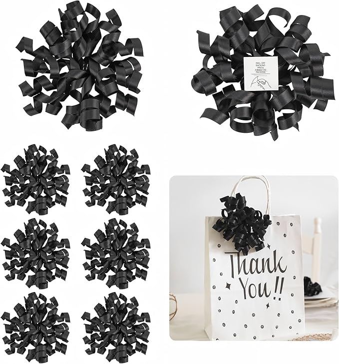 5 Inch Black Bows Curly Ribbon Bows for Gift Wrapping, Satin Bows with Double-Sided Tape, Self Adhesive Bows for Party, Wedding, Birthday Decor, Premade Bows for Crafts, Wine Glasses-8 PCs
