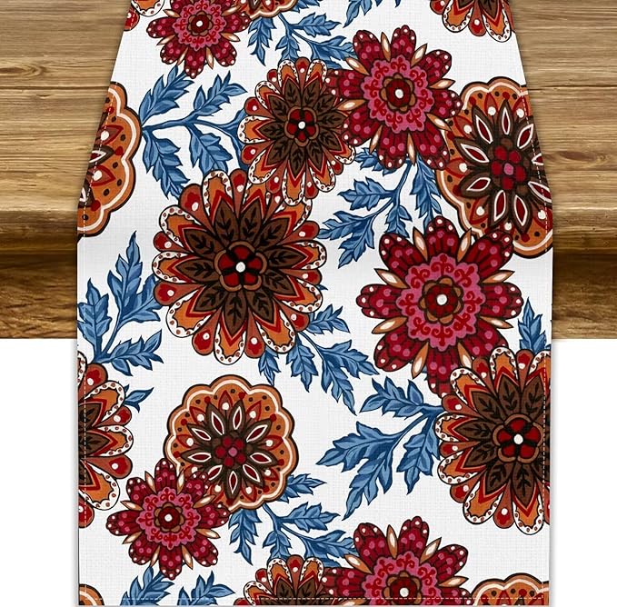 Mandala Flower Table Runner, Vintage Oriental Exotic Native Red Floral Blue Branch Leaves Botanical Print Table Runner for Farmhouse Kitchen Dining Table Decor, 13x36inch