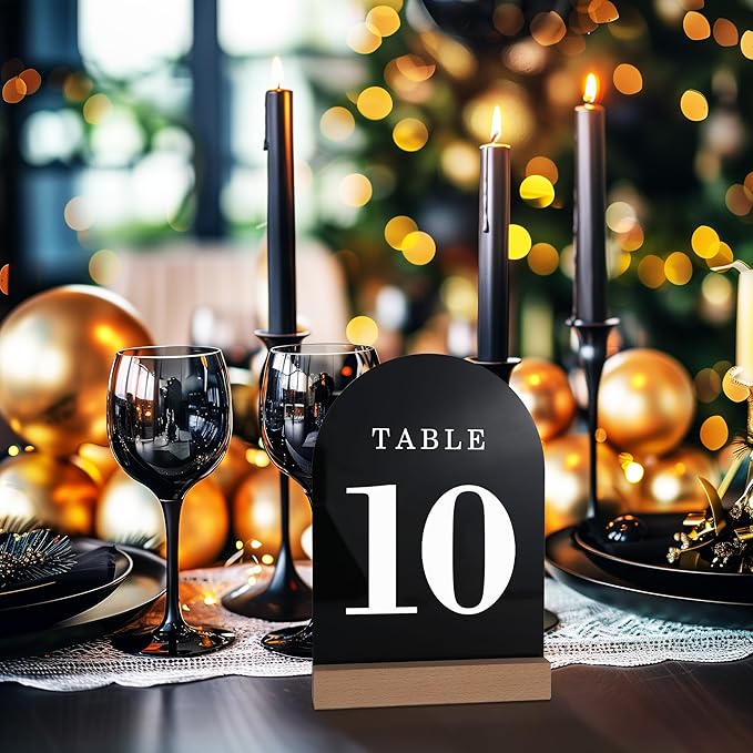 Wedding Table Numbers 1-10, Acrylic Arch Signs with Natural Wood Stands Holders, Rustic Table Decor for Reception & Parties (Black White)