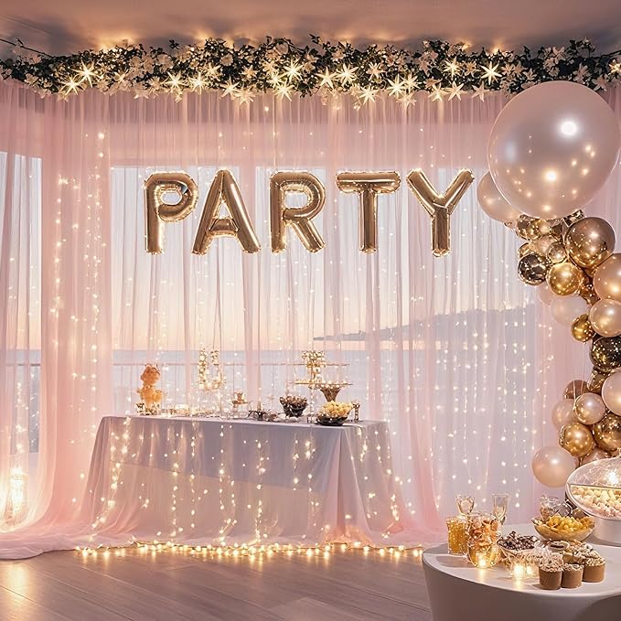 10×10ft Tulle Backdrop Curtains with Lights String - 300LED Fairy Lights Sheer Curtain Backdrop for Weddings Baby Shower and Birthday Party Decorations(8 Panels 5×10ft)