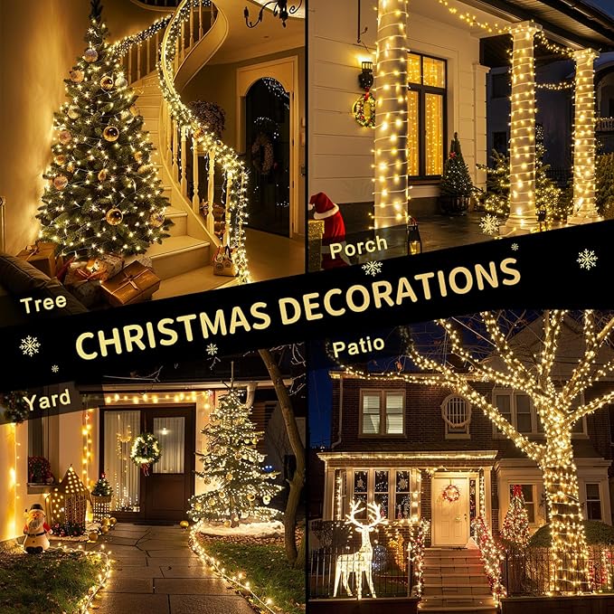 JMEXSUSS 1200 LED Warm White Christmas String Light Outdoor Indoor,Christmas Tree Lights Clear Wire, 315 FT Christmas Lights Plug in for Bedroom Tree Room Party Birthday Decorations, EXS-S-1200