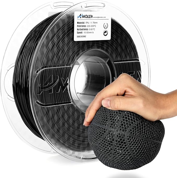 AMOLEN TPU 3D Printer Filament 1.75mm, Flexible Soft TPU 3D Printing Filament Supports High Speed, 1kg Spool(2.2lbs), Black