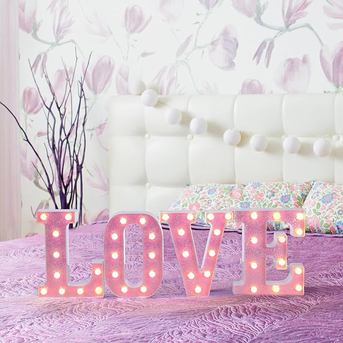Foaky Pink Light up Letters，Pink Party Decorations,Girls Room Decor,Glitter Light Up Letters,Alphabet Letter Sign for Night Light Birthday Party Girls Gifts, Home Bar Decoration（U）
