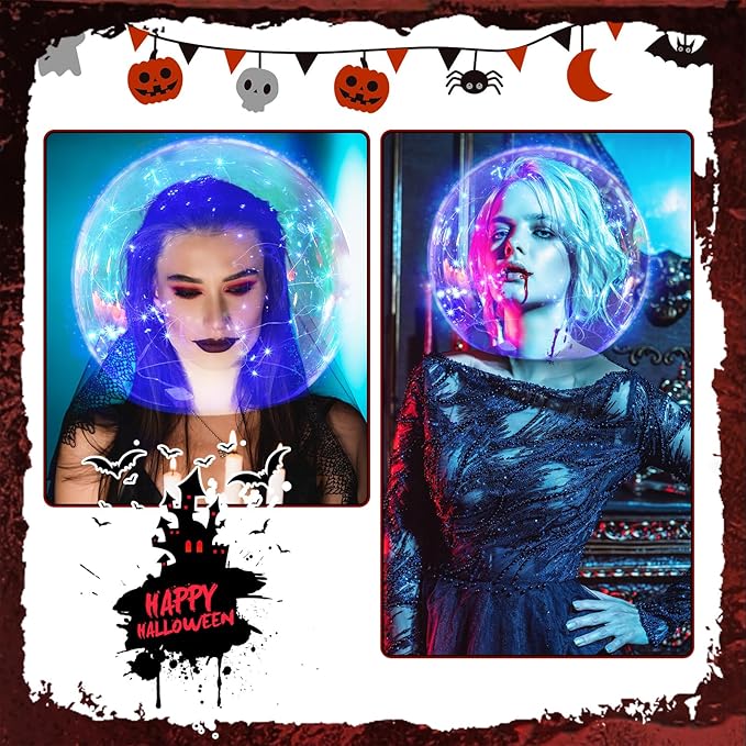 Halloween 14" Clear Acrylic Globe Decoration costume Set for Haunted House with 8.6" Neckless Opening with Blue String Lights 9.8ft Smooth Textured for Halloween