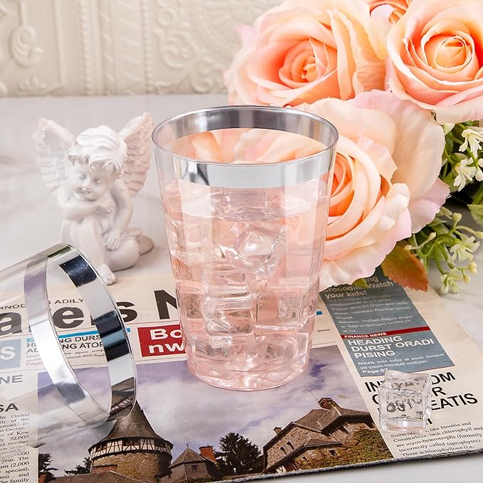 I00000 50 Pack 12 oz Silver Rimmed Disposable Cups, Heavy Duty Plastic Tumblers for Party
