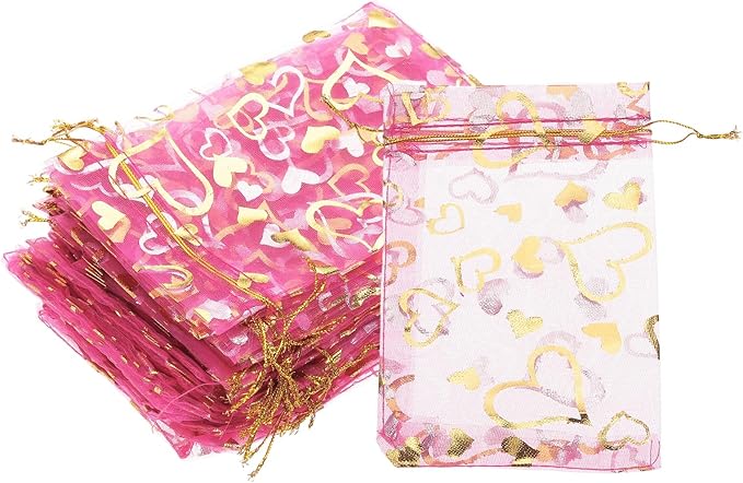 PATIKIL 100 Pcs 4x6 Inch Heart Printed Organza Bags, Rose Red Sheer Heart Organza Bags with Drawstring for Christmas Candy Jewelry Party Wedding Favor Gift