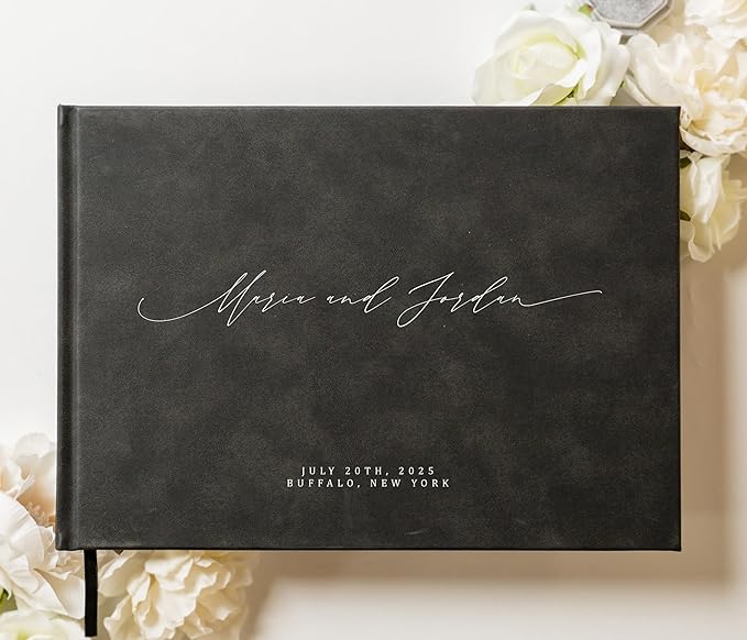 MUUJEE Personalized Guestbook in Charcoal - Premium Custom Modern Guest Book for Wedding Reception, Birthday Party or Events w/Bookmark Blank Pages for Signing 11.5 x 8.5 inches