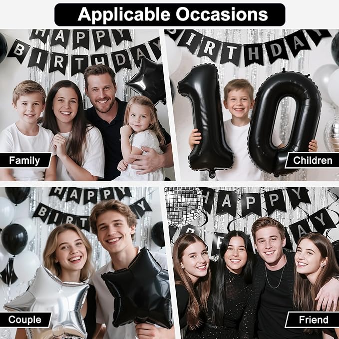 26th Birthday Decorations for Men Women, Black Silver Happy Birthday Party Decorations， 26 Year Old Party Supplies with Number 26 Balloons, Banner, Fringe Curtains Kit