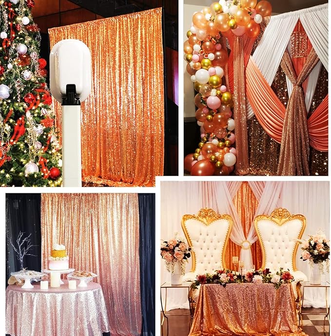 Poise3EHome 2Pcs 3Ft x 8Ft Rose Gold Sequin Backdrop Curtain, Glitter Photography Background, Sequence Xmas Thanksgiving Backdrop for Wedding Party Holiday Festival Decor