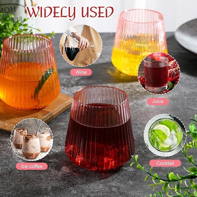 24 Pcs Pink Plastic Wine Glasses Ribbed Disposable Wine Glasses Unbreakable Stemless Champagne Whiskey Cups Ribbed Cocktail Plastic Cups for Wedding Home Office Bar (14 oz,Origami)
