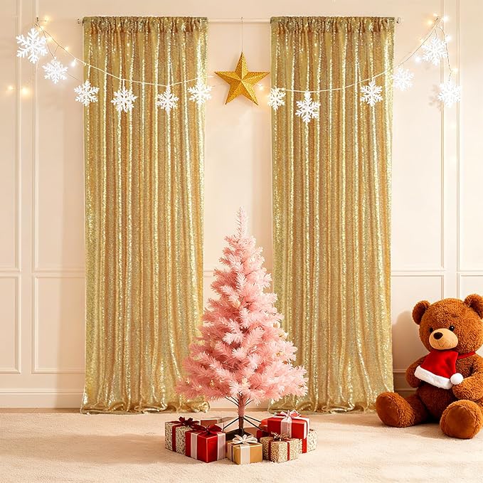 SquarePie Sequin Backdrop Curtain Not See Through Background for Wedding Party 2FT x 8FT 2P Gold