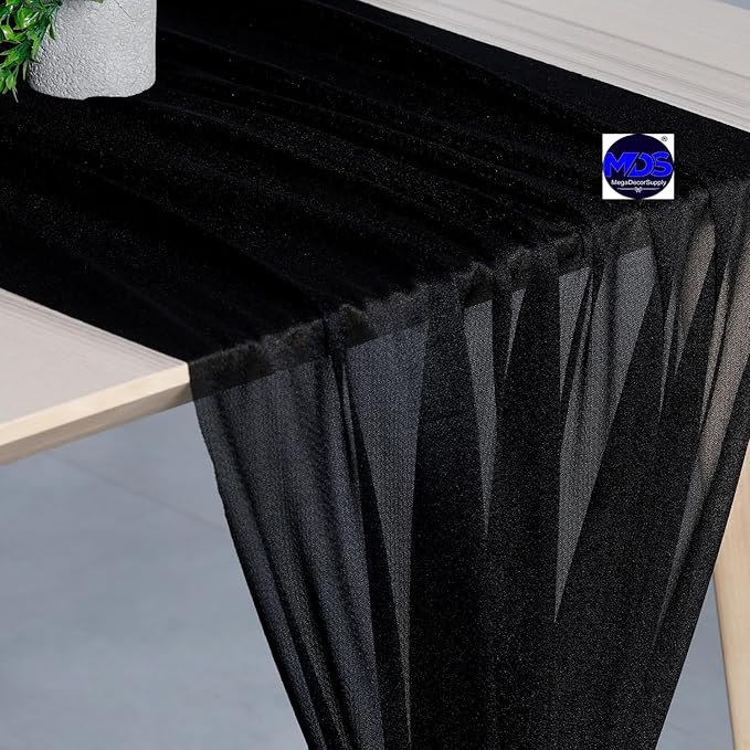 MDS 1 Pack 10ft Chiffon Table Runner 29 x 120 Inches Sheer Wedding Runner Romantic Rustic Table Runner for Wedding Decorations, Birthday Parties, Bridal Shower Party Arch Decor - Black