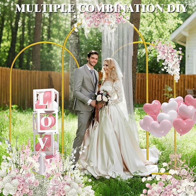 Metal Arch Backdrop Stand ,Set of 3 (7.2 ft/6.6 ft/6 ft) Square Wedding Arch Frame ，Gold Balloon Arch Stand for Wedding/ Birthday Party/ Baby Shower/ Graduation Ceremony Banquet Decoration