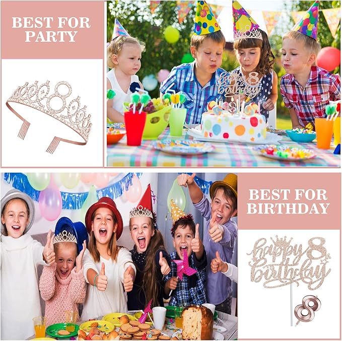 8th Birthday Decorations for Girl Including Sash, Crown, Numeral Candle and Cake Topper, 8 Year Old Girls Party Favor Supplies