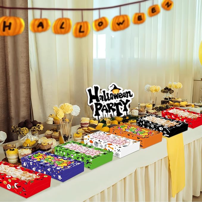 24 Pack Halloween Large Treat Boxes, Trick or Treat Candy Boxes with Window Halloween Party Favors Gift Goodie Boxes Supplies for Cookie Biscuit Donuts Dessert Cupcake Pie