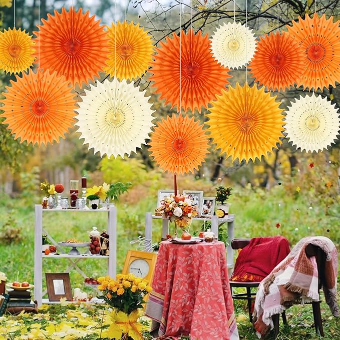 BestoFun 12PCS Orange Paper Fans Fall Party Decorations Tissue Paper Flowers Decorations for Girl Groovy Birthday Baby Shower Wedding Autumn Halloween Thanksgiving Room Wall Hanging Décor