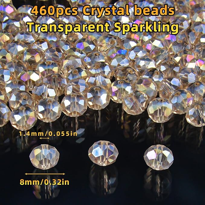 460Pcs 8mm Crystal Glass Beads for Jewelry Making Beads for Bracelets Necklace Pendants Making Supplies(Silver Champagner)