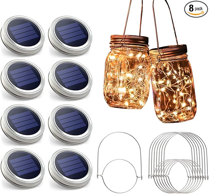 Urvoix Solar Mason Jar Lights - 8 Pack 30 Led Waterproof Jar Lids String Lights with 8 Handle (Jars Not Included), Perfect for Outdoor Garden Backyard Decorations