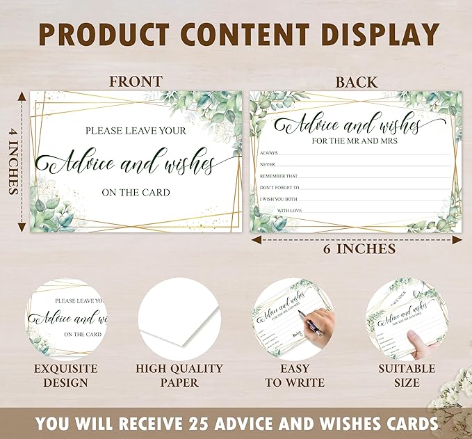 Advice And Wishes Cards For the Mr & Mrs, Gold Foil Greenery Wedding Advice Card For Bride Groom Newlyweds, 25 Wishes Cards for Wedding Bridal Shower Engagement Party, 01