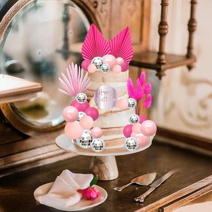Ephlyn 33 Pack Balls Cake Toppers Boho Palm Leaves Cake Decorations Round Acrylic Happy Birthday Cupcake Toppers for Birthday Wedding Baby Shower Party Supplies Silver Rose Red