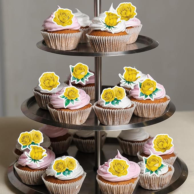 48PCS Edible Rose Flower Cupcake Toppers Wafer Paper Roses Decorations Flower Birthday Party Decorations Rose Cake Toppers for Wedding Engagement Birthday Party Cake Decor Supplies (Yellow)