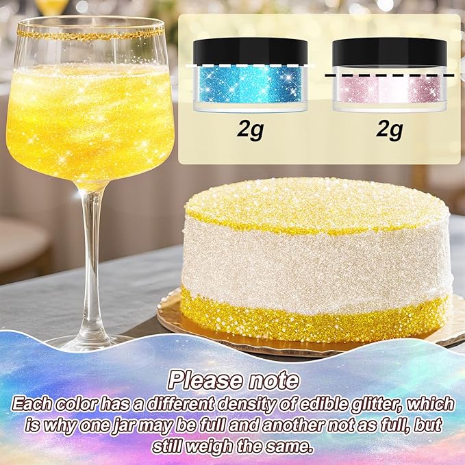 Edible Glitter for Drinks - 20 Glimmer Colors Luster Dust Edible, Food Grade Shimmering Cake Decorating Edible Glitter for Cocktail, Cakes, Chocolate, Strawberries, Beverage, Vegan - 2g/bottle
