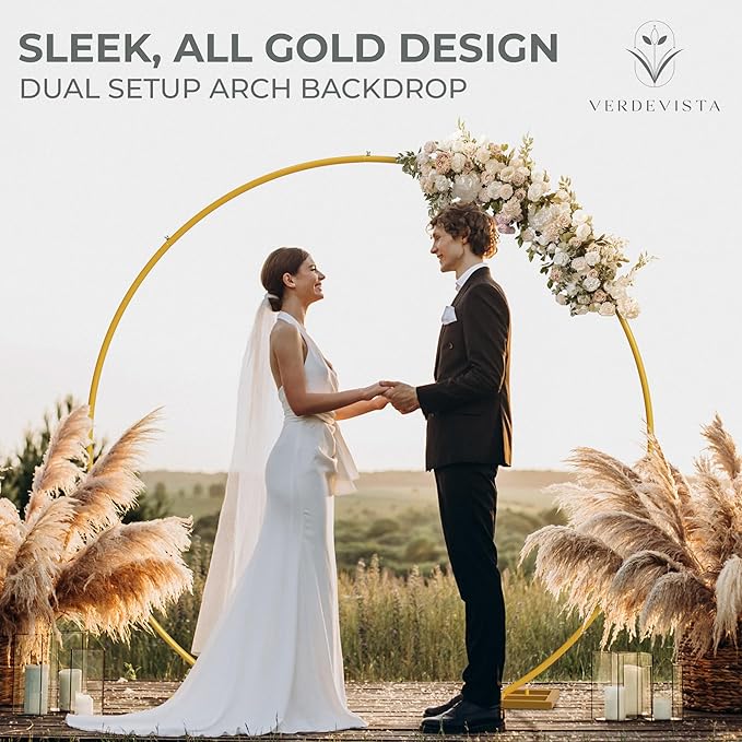 VerdeVista Convertible 6.5 FT Round Backdrop Stand - Heavy Duty Balloon Arch Stand with 2 Waterbags - Multiuse Photo Backdrop Arch, Gold Circle Ring Balloon Arch Frame for Wedding Baby Shower & More